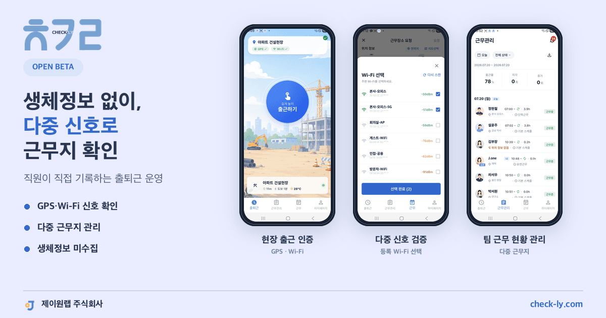 외근·이동근무 관리를 위한 체크리 모바일 출퇴근 및 팀 근무 현황 화면